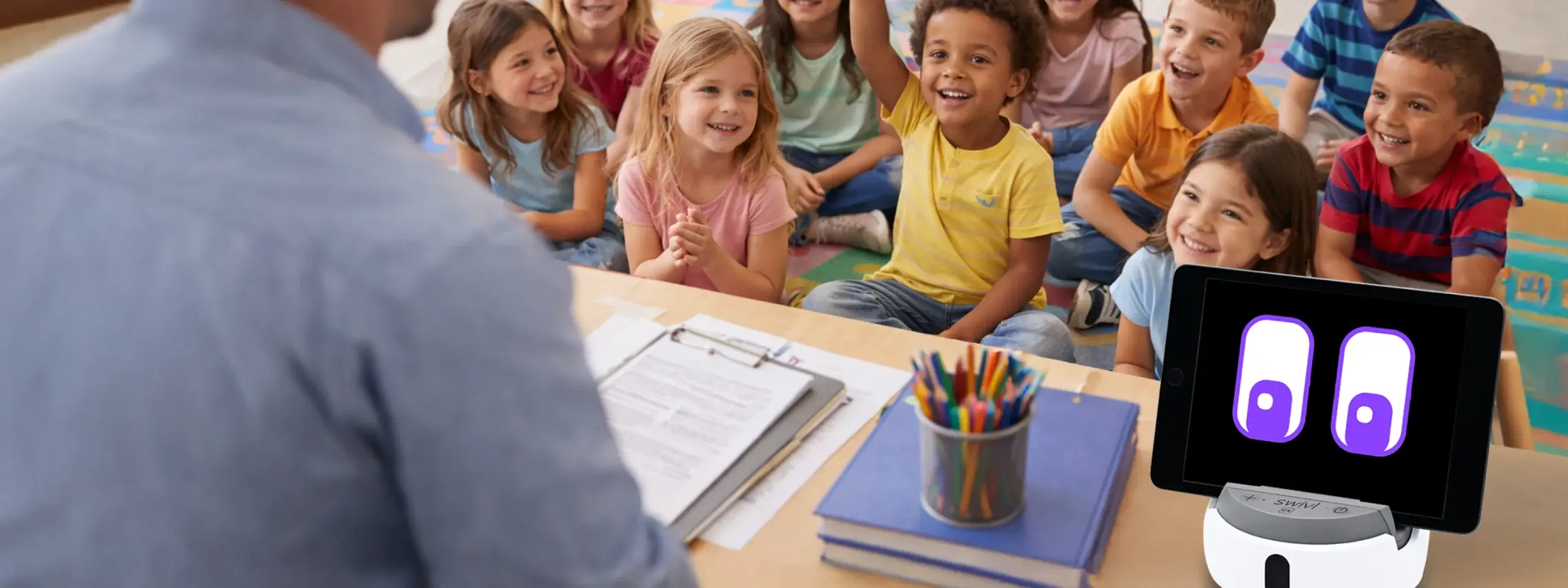 teacher with childrens in classroom using M2 app on robot