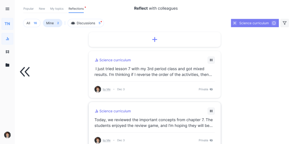 An image showing the Reflectivity platform, where a user can view a history of their reflections on a topic to track their professional growth over time.