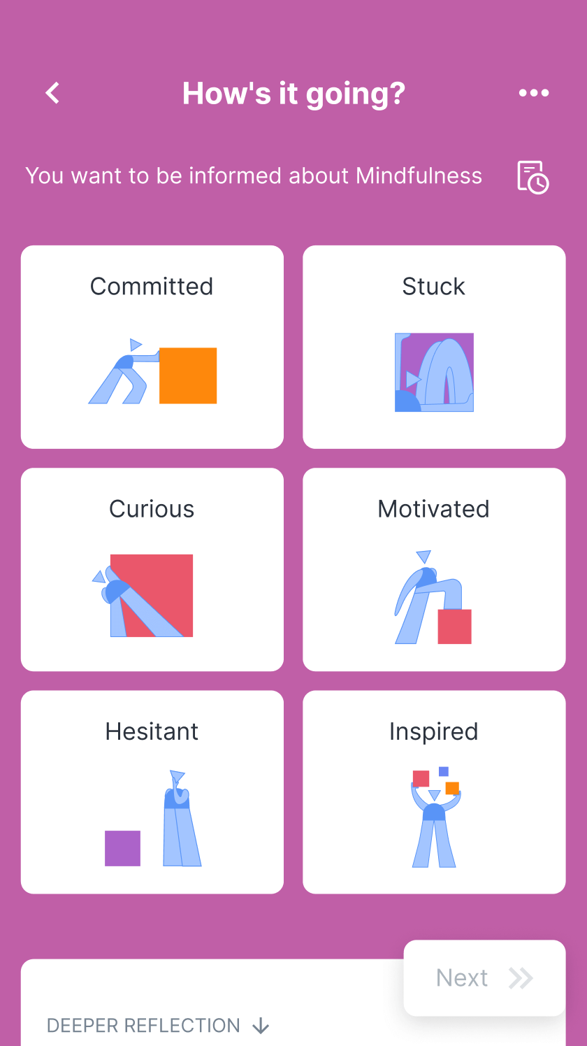 An image of the Reflectivity platform, showing a check-in screen where a user can describe their progress with a single word or a deeper written or video reflection.