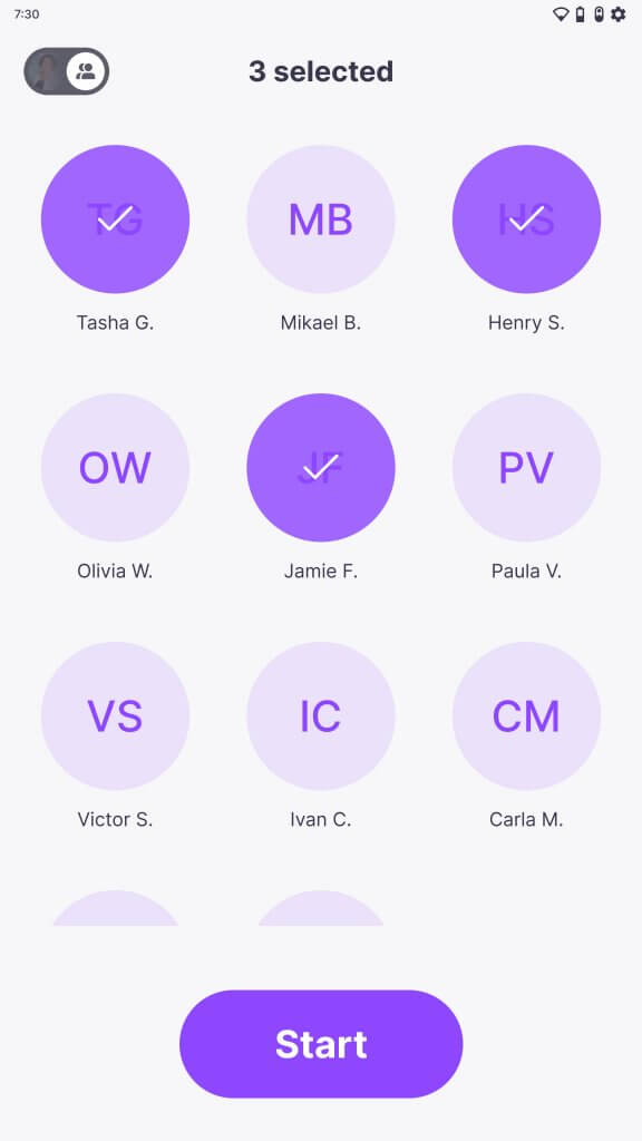 A screenshot of the MirrorTalk platform showing three students selected for a group reflection.