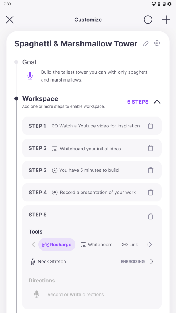 An image of the Workspace showing a multi-step activity setup, with examples of progressive learning steps like watching a video, using a whiteboard, and recording a presentation.