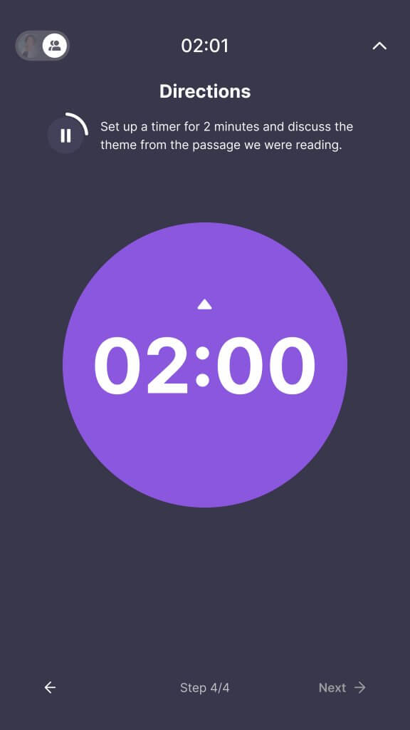 The Mirror Workspace interface, showing automatic directions and a timer for a group activity.