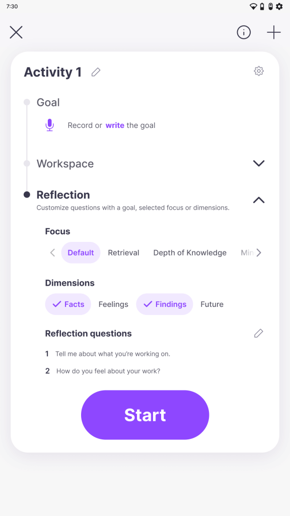 An image showing  customizable reflection interface, with options to adjust reflections by grade level, objective, and focus.