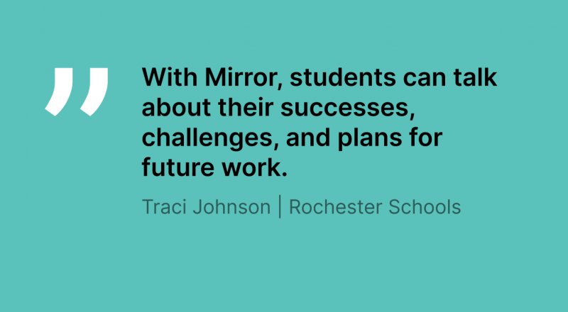A quote from Traci Johnson, Rochester Schools educator, discussing skill-building with Swivl Mirror's automated reflection features. The quote reads: With Mirror, students can talk about their successes, challenges, and plans for future work.