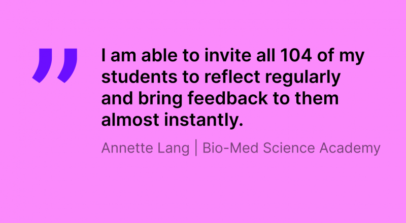 Image of a quote from Annette Lang about her student reflection process using Swivl Mirror that reads: "I am able to invite all 104 of my students to reflect regularly and bring feedback to them almost instantly."