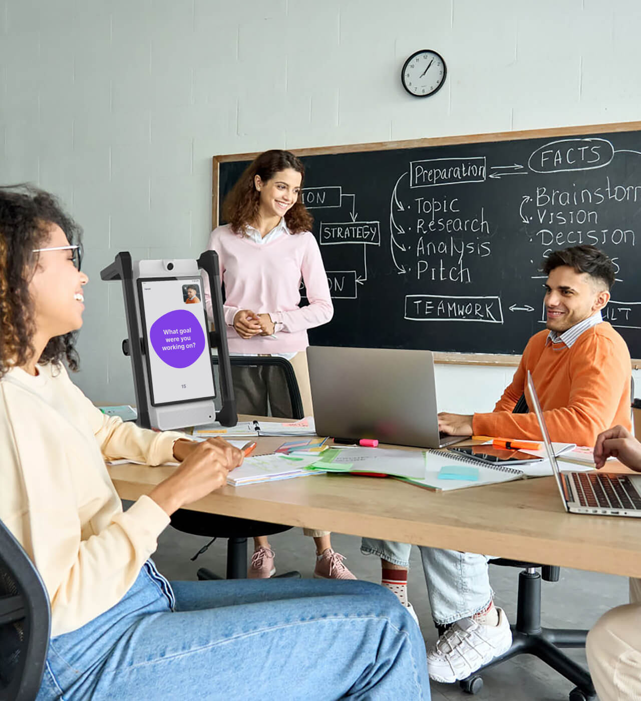 Teacher and university students in a working session with Swivl's Mirror hardware + MirrorTalk software