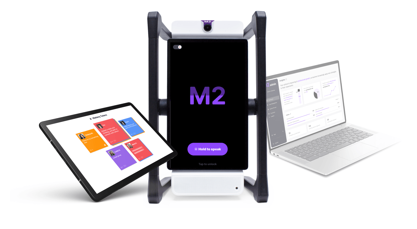 M2 device with tablet and laptop showing Reflectivity platform for teacher feedback and classroom video coaching