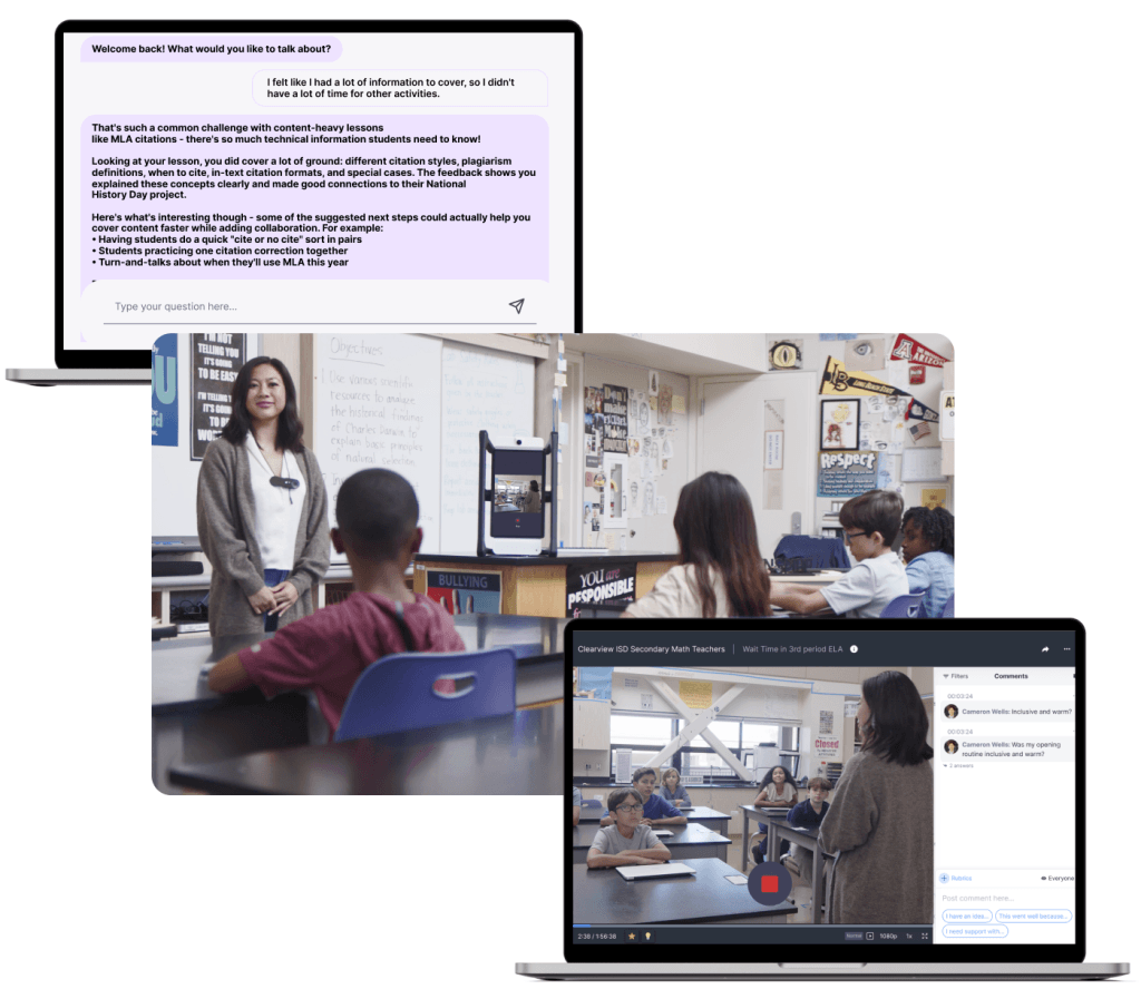 M2 device recording a classroom lesson with AI teacher feedback chat and Reflectivity platform showing annotated video analysis