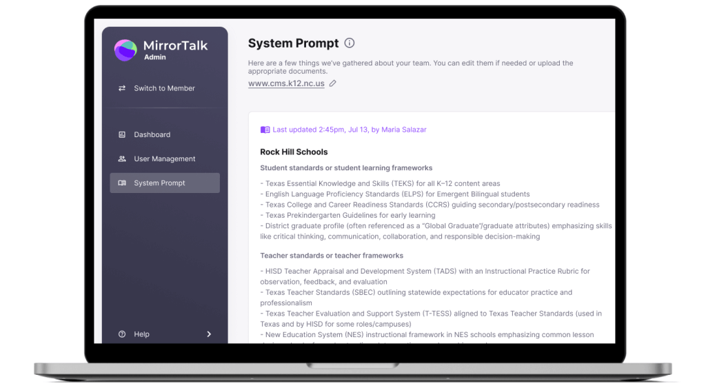Laptop showing the MirrorTalk Admin dashboard with the System Prompt section open. The screen displays district frameworks and standards for Rock Hill Schools, including Texas and HISD guidelines.