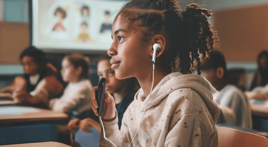 Student using earbuds and a remote to receive in-ear explanations and language support during class.