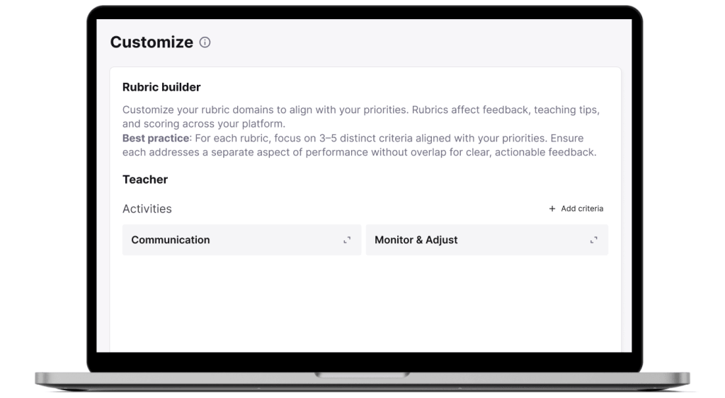 M2 admin portal Customize page with rubric builder showing teaching criteria.