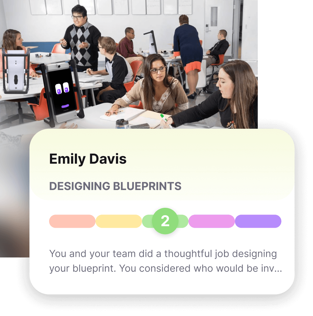 University students designing blueprints with M2 providing guidance that connects challenges to real-world engineering concepts.