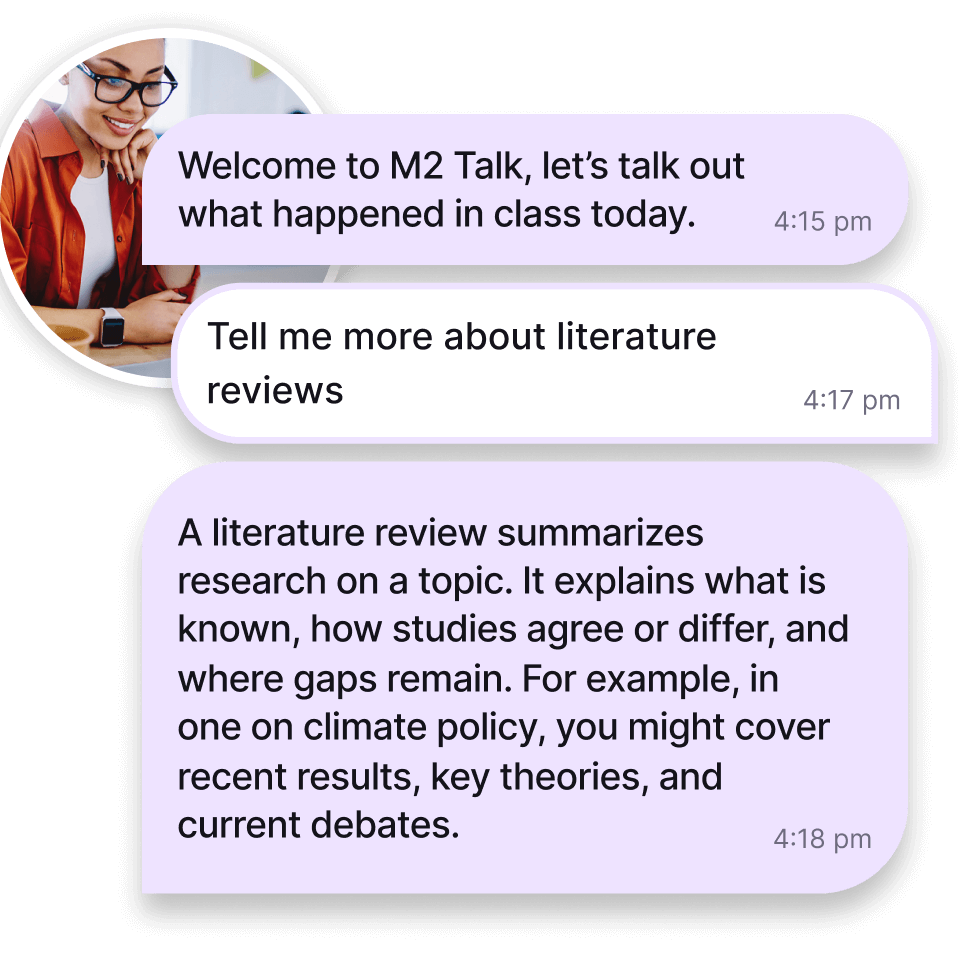 Dialogue between university student and M2, illustrating post-class interactive summaries.