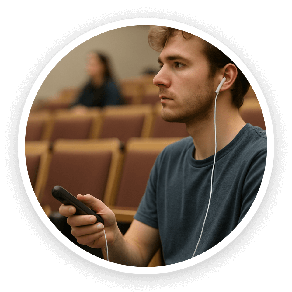 University student using earbuds and a remote to receive in-ear explanations and language support during class.