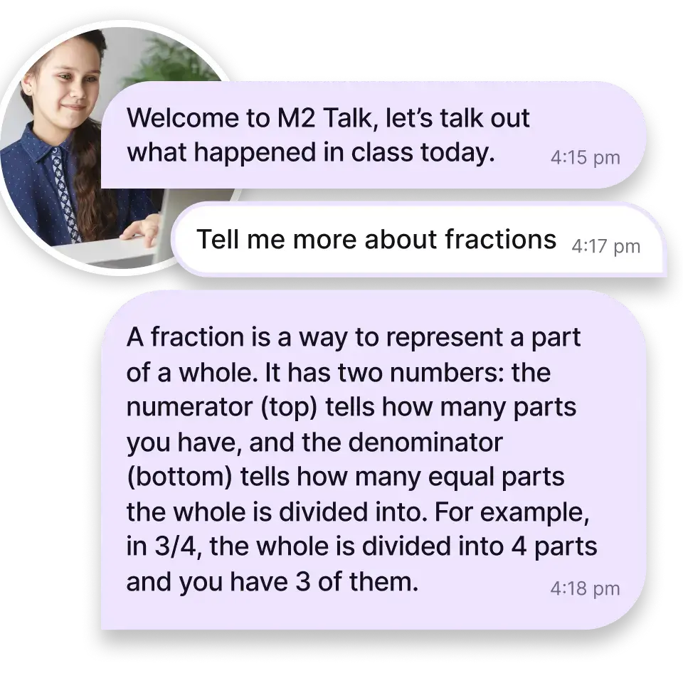 M2 screen highlighting one-click support that adds connections, relevance, translations, and more.Student using earbuds and a remote to receive in-ear explanations and language support during class.Dialogue between student and M2, illustrating post-class interactive summaries.
