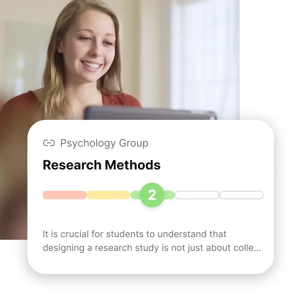 University student working with MirrorTalk on a laptop, receiving guidance on research methods in a psychology group, including differentiated support and in-ear summaries.