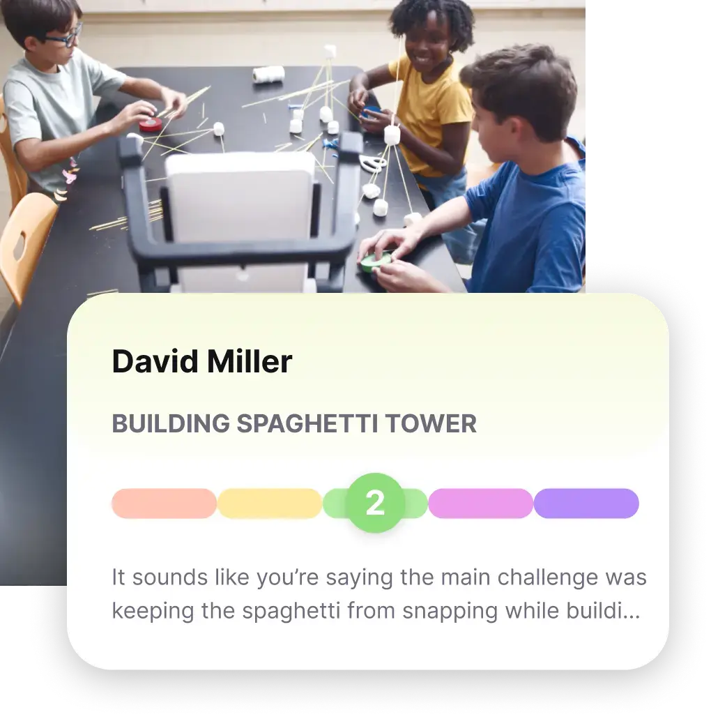 Students working on a spaghetti tower with M2 providing guidance that connects challenges to real-world engineering concepts.M2 screen prompting the teacher to provide a project objective, enabling instant guided activities without preparation.M2 screen showing options to set up guided sessions: Q&A, Practice, or Projects, covering any topic chosen by the teacher.