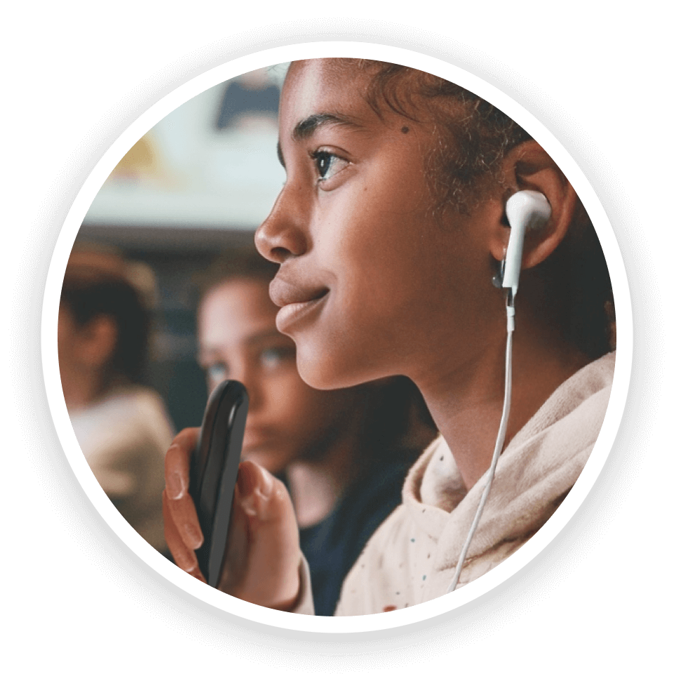 M2 screen highlighting one-click support that adds connections, relevance, translations, and more.Student using earbuds and a remote to receive in-ear explanations and language support during class.Dialogue between student and M2, illustrating post-class interactive summaries.