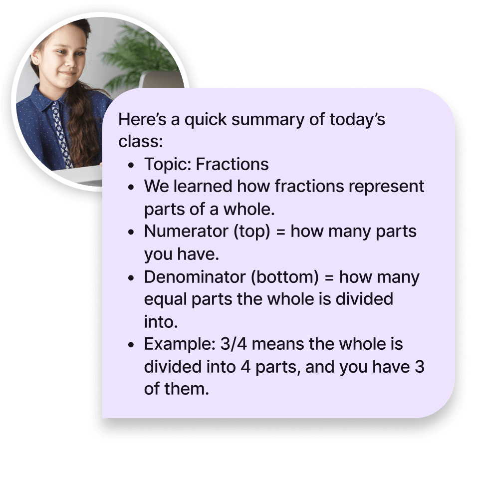 A smiling student next to a summary box that reviews today’s lesson on fractions, with simple bullet points explaining numerators, denominators, and an example.