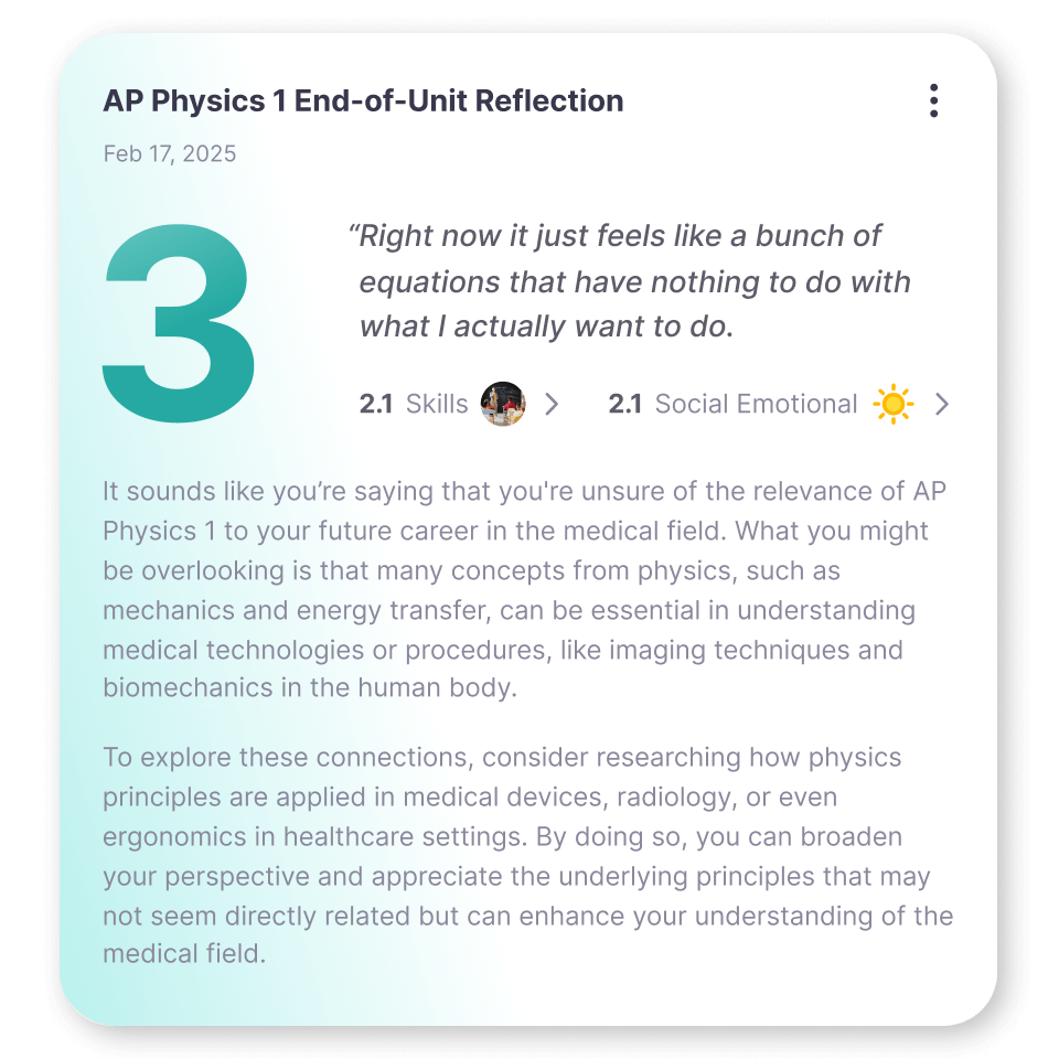 MirrorTalk interface showing a student’s reflection on AP Physics with instant feedback that connects learning to real-world applications. 