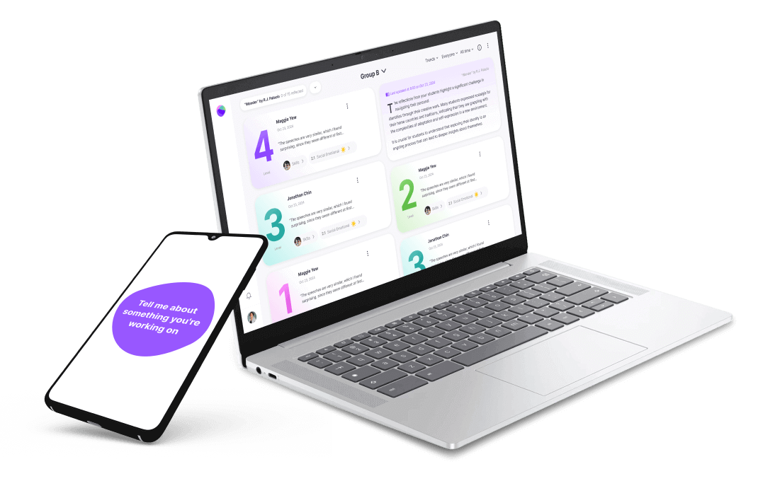 Illustration of MirrorTalk software on laptop and mobile, supporting learning assessment and differentiated instruction.