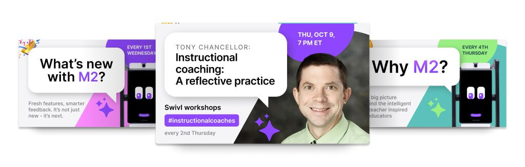 Banners highlighting three upcoming Swivl webinars and events Graphic inviting user to read posts from the Swivl blog Illustration of MirrorTalk software on laptop and mobile, supporting learning assessment and differentiated instruction.