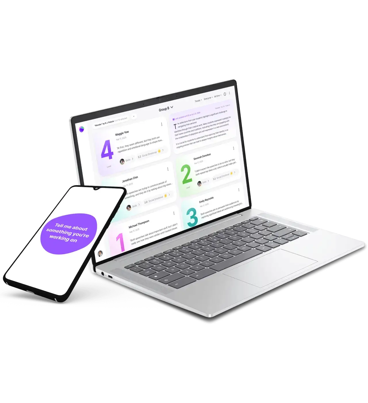 Illustration of MirrorTalk software on laptop and mobile, supporting learning assessment and differentiated instruction.