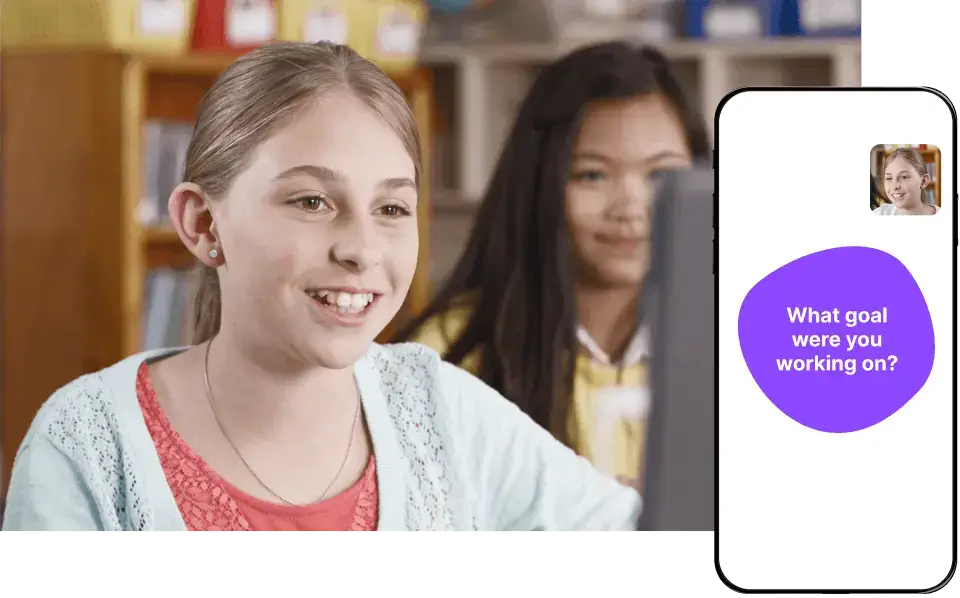 Students using MirrorTalk on a screen and phone, responding to a prompt about their learning goal to support assessment and differentiated instruction.