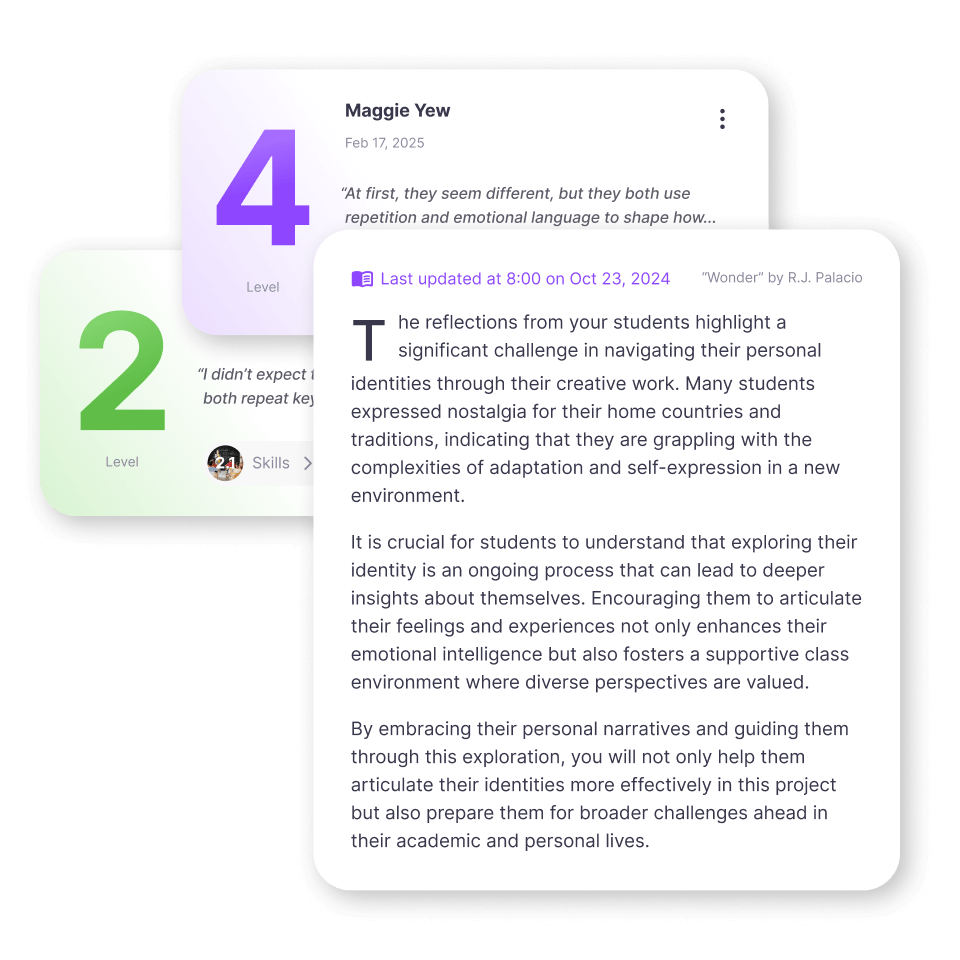 MirrorTalk interface showing individual student reflections with insights and summary guidance to support class differentiation.