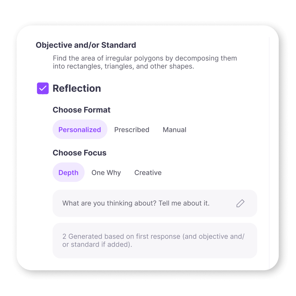 MirrorTalk interface showing options to set up personalized reflective prompts for any learning objective or standard, including STEM, literacy, language, and 21st century skills.