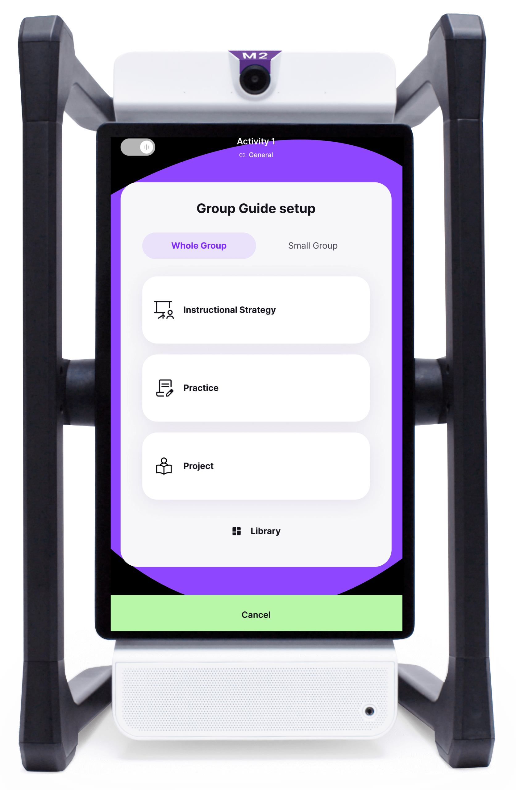 M2 screen showing Group Guide setup with Whole Group selected and options for Instructional Strategy, Practice, and Project