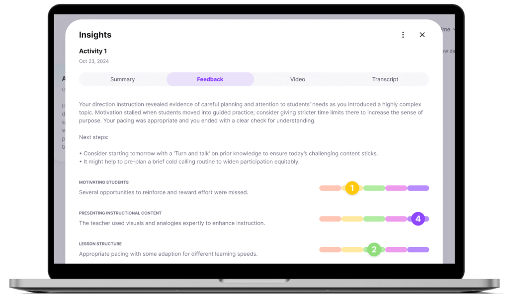 M2 dashboard showing rubric-based instructional feedback and scores.
