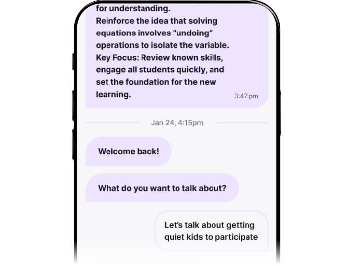 M2talk mobile chat showing post-class teacher reflection with prompts to review participation and discuss strategies for engaging quiet students.