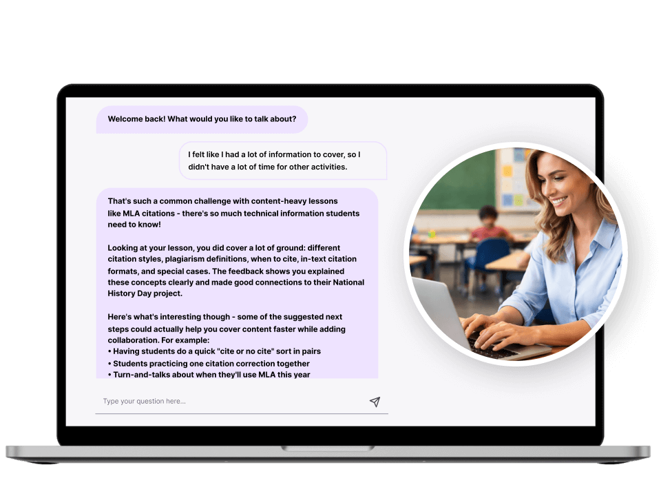 M2talk reflection interface on a laptop showing post-class feedback and suggested next steps, with a teacher reflecting on participation and lesson pacing.