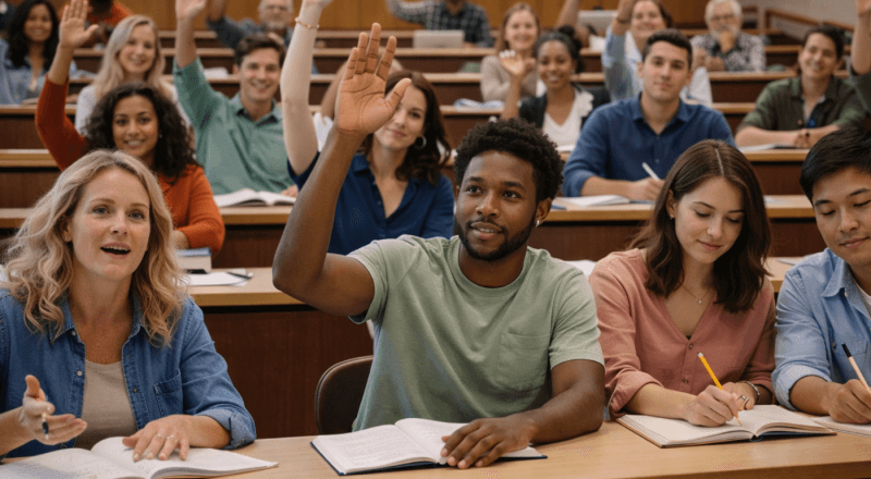 A diverse group of adult students seated in a university lecture hall, with several raising their hands to participate.