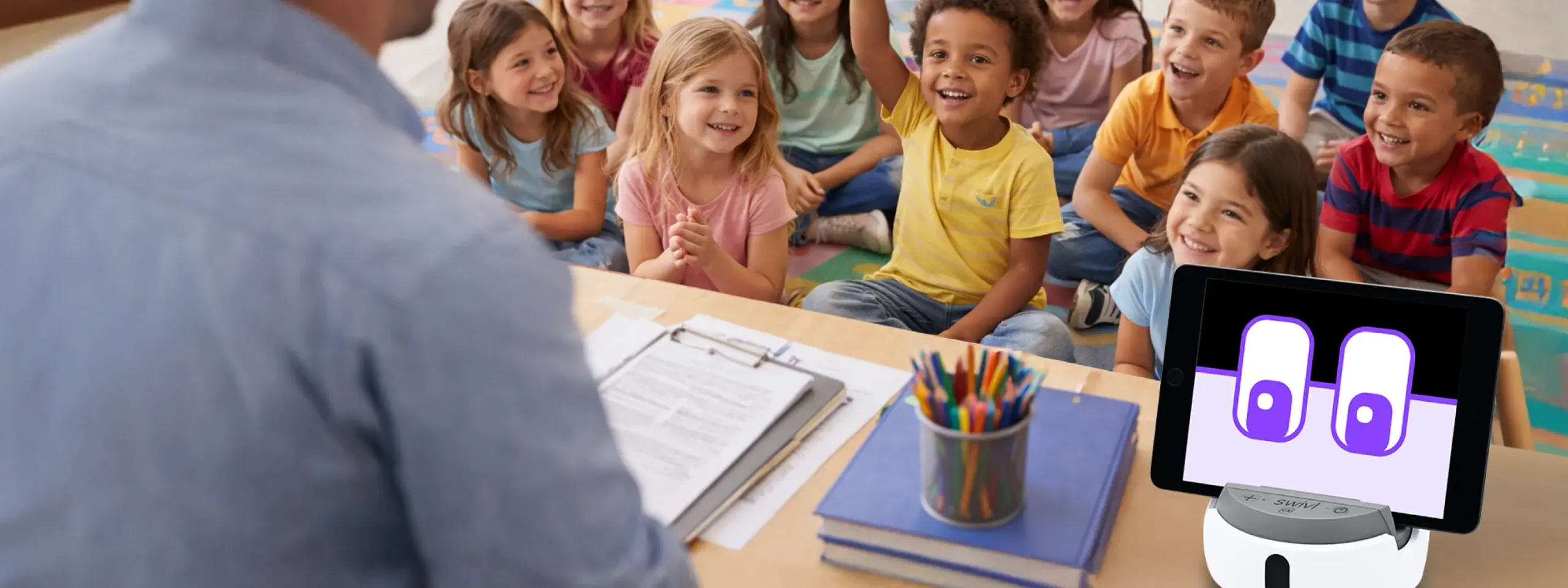 teacher and students working in the class with M2 and Robot