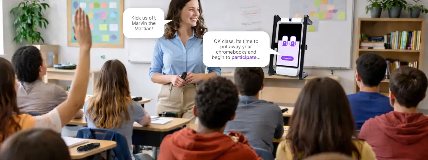 Teacher and students in a classroom using an M2 to start a group activity.