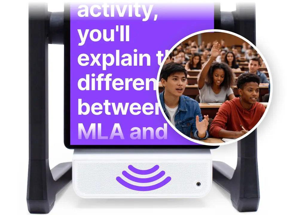 Educational display about MLA style with an image of students in a classroom.