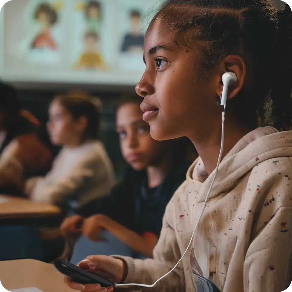 A student sitting in a classroom wearing a wired earpiece