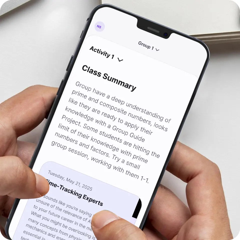 A person holding a smartphone showing a "Class Summary" mobile app interface that provides insights