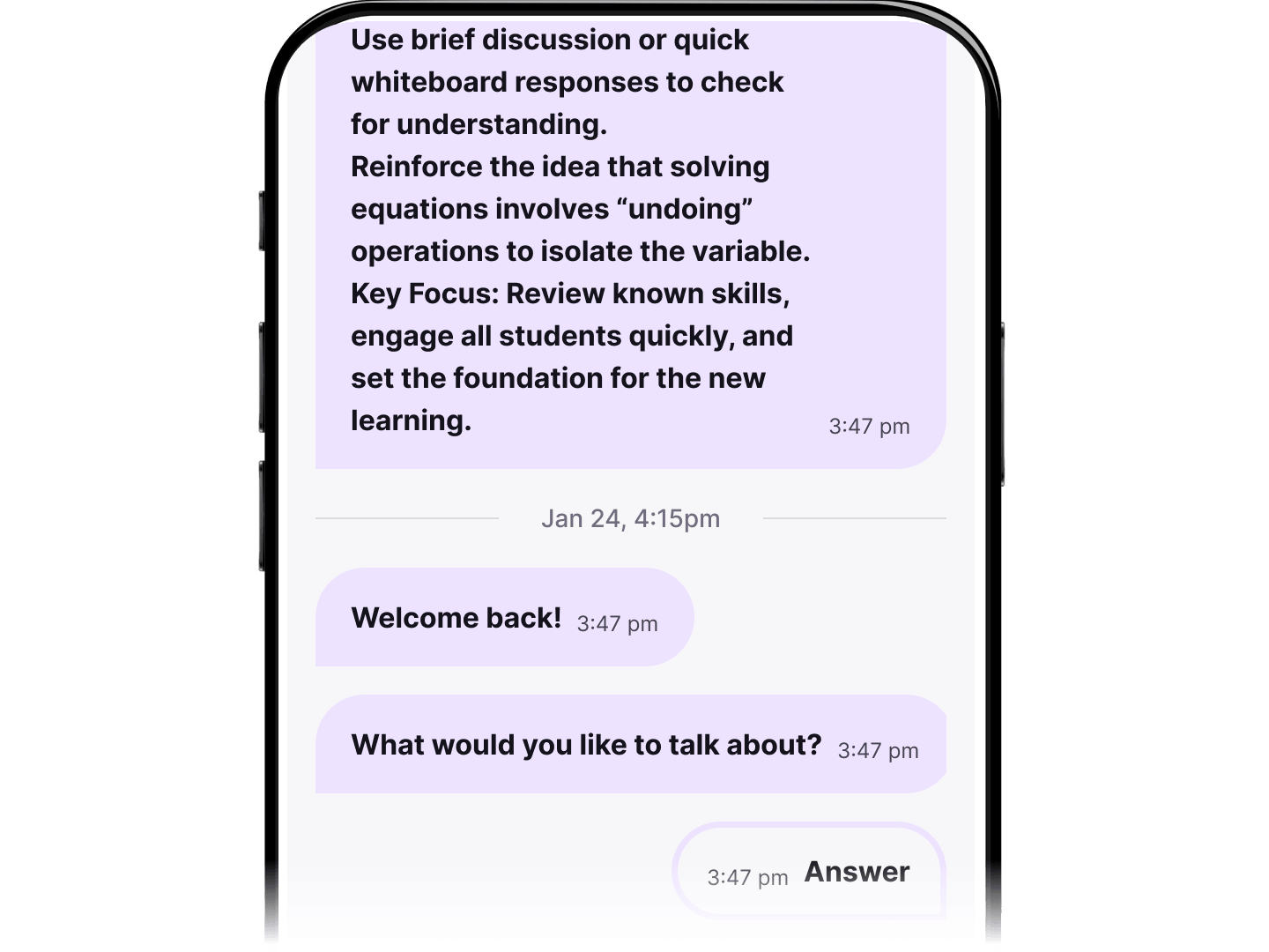 A smartphone screen shows the M2 mobile app in a post-class reflection chat. The interface displays a message with instructional feedback about checking for understanding and reinforcing key concepts, followed by a timestamped divider.