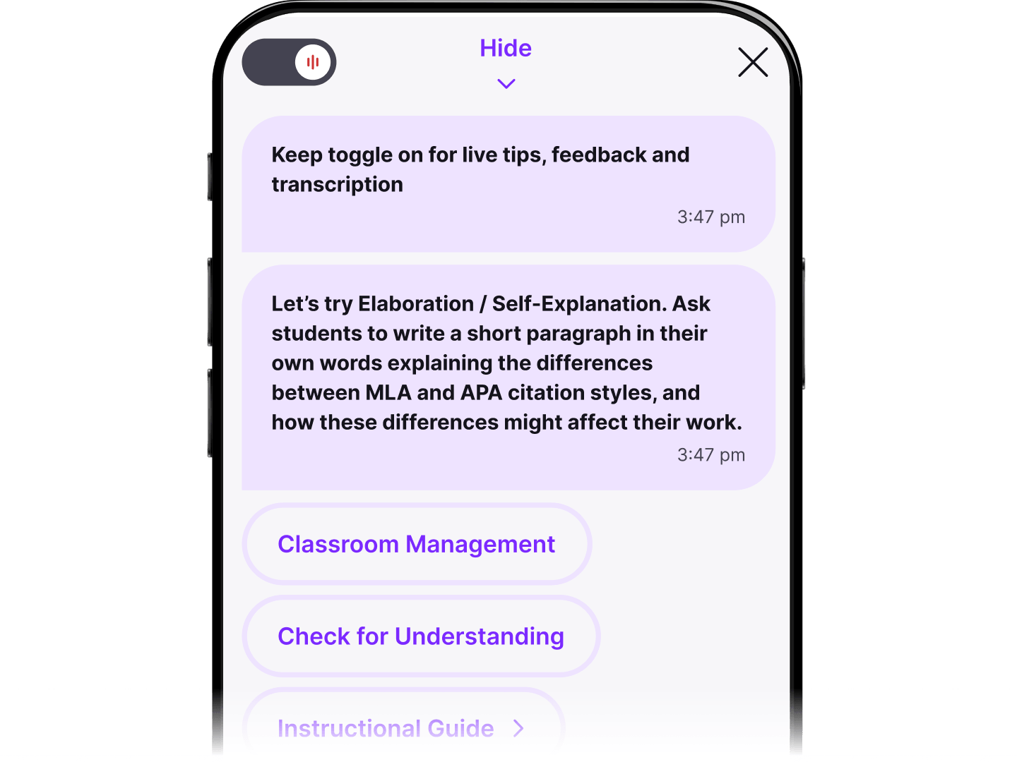 A smartphone screen displays the M2 mobile app during a live class session. A chat-style interface shows real-time teaching tips, including a prompt encouraging students to compare MLA and APA citation styles.