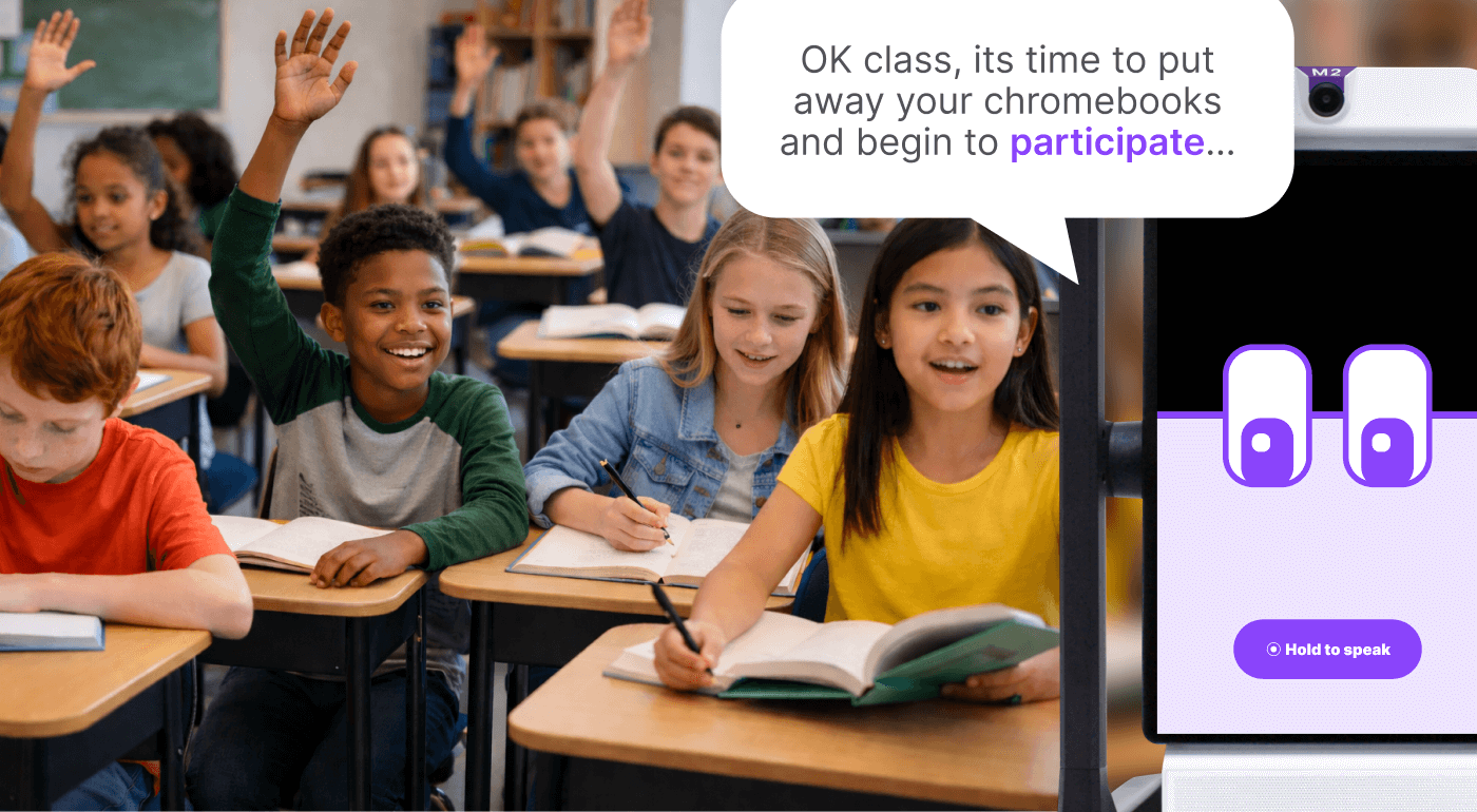 Students in a classroom actively participating with hands raised while a teacher prompts discussion, illustrating the M2 Score focus on classroom participation.