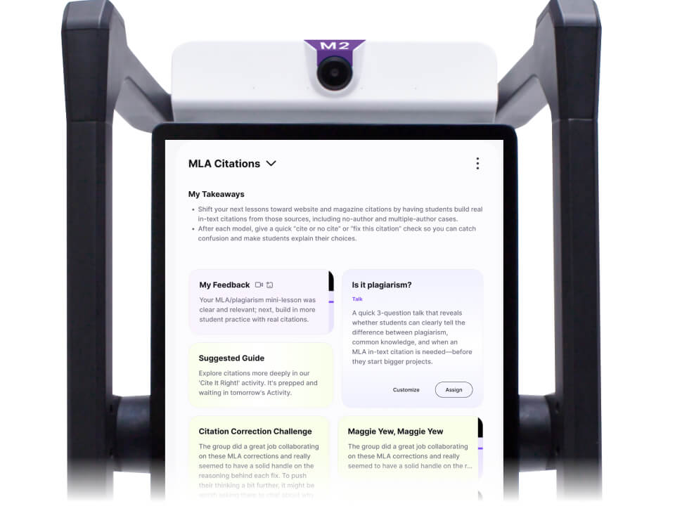M2 device displaying the M2talk post-class dashboard with lesson takeaways, teacher feedback, and suggested guides and talks for next steps.