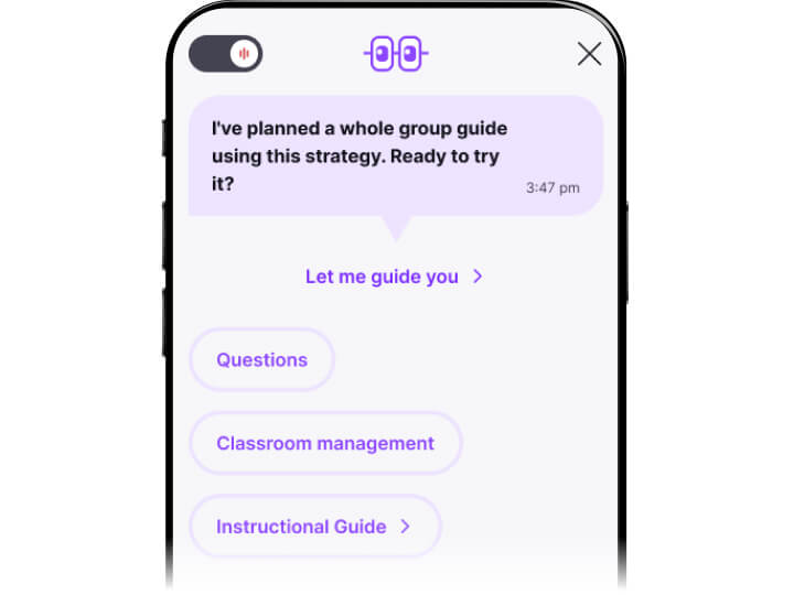 M2talk mobile app showing a teacher chat with guided prompts and options for questions, classroom management, and instructional guides during class.