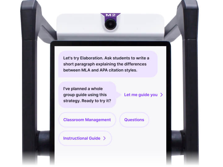 M2 device screen showing M2talk actionable teaching tips, including a guided elaboration prompt, classroom management options, and instructional guide buttons.