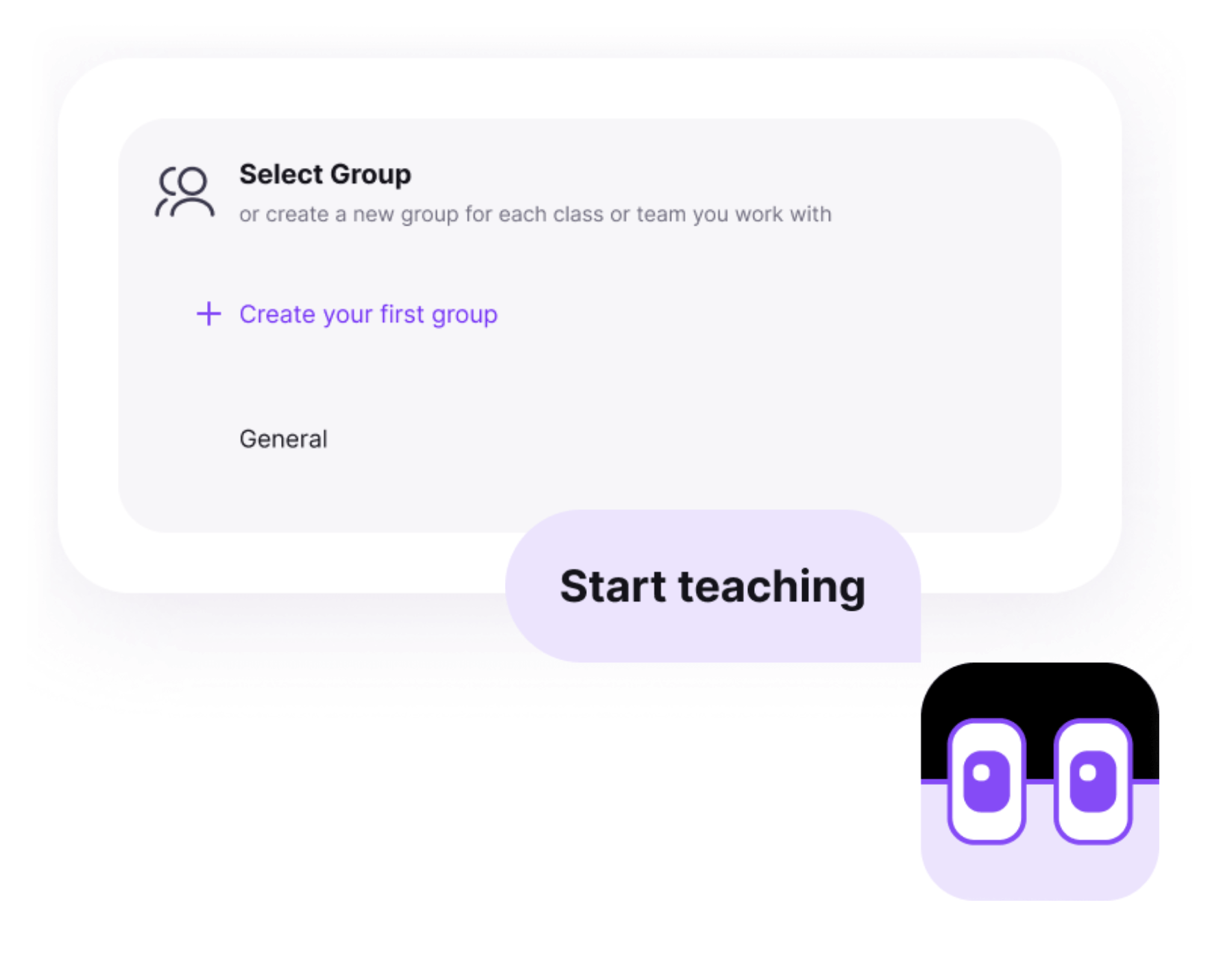 M2talk interface showing group selection with an option to create a group and a “Start teaching” button.
