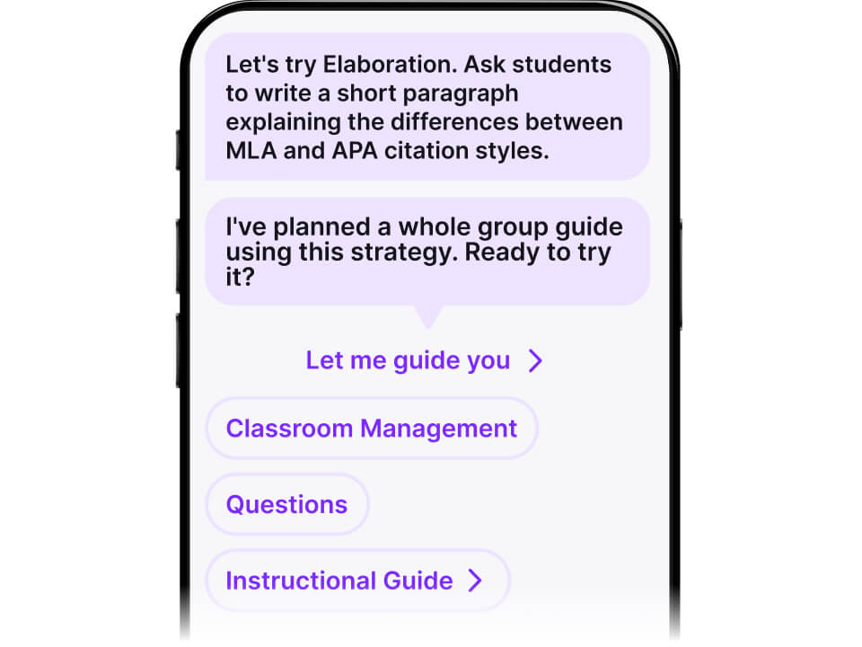 M2talk interface showing real-time teaching tips with an elaboration prompt and options for classroom management, questions, and an instructional guide.