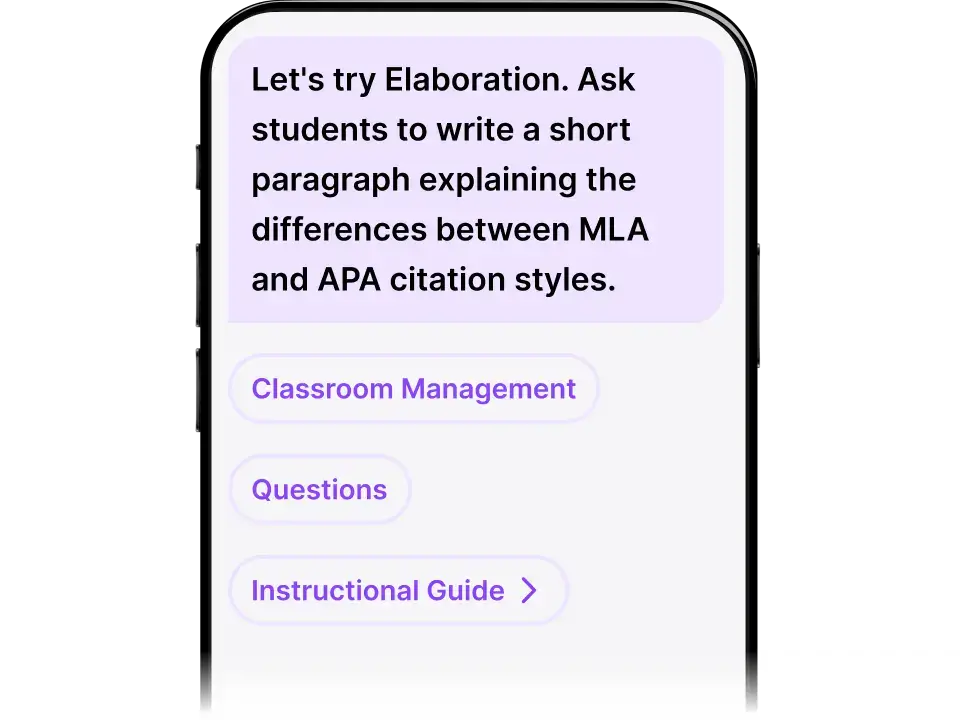 M2talk interface showing real-time teaching tips with an elaboration prompt and options for classroom management, questions, and an instructional guide.