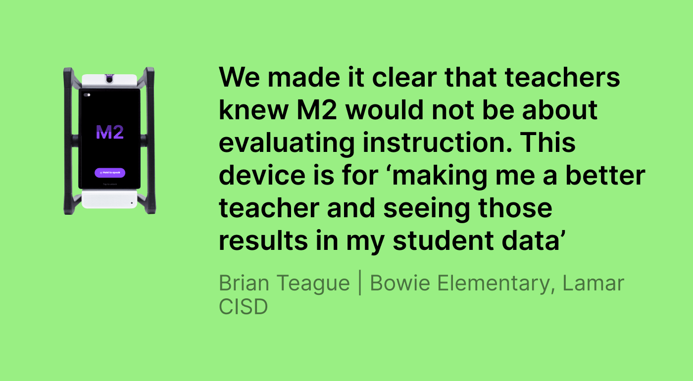 Quote from instructional coach Brian Teague at Bowie Elementary about using Swivl M2 to support teacher growth and student outcomes without evaluation